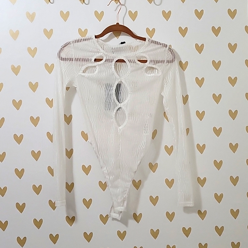Pretty Little Thing White Mesh Cutout Bodysuit